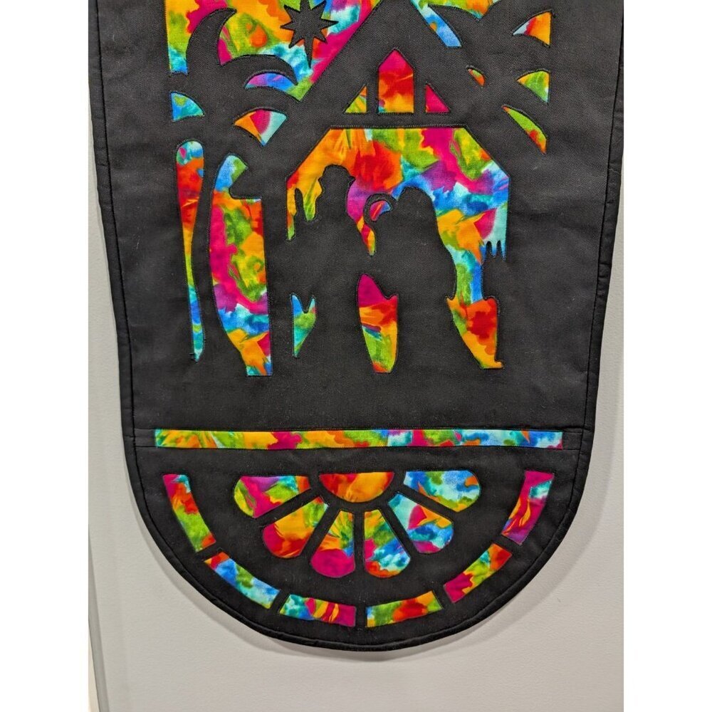 Nativity Table-Runner Wall Hanging Stained Glass Look Christmas Colorful 38x18 - Picture 4 of 14
